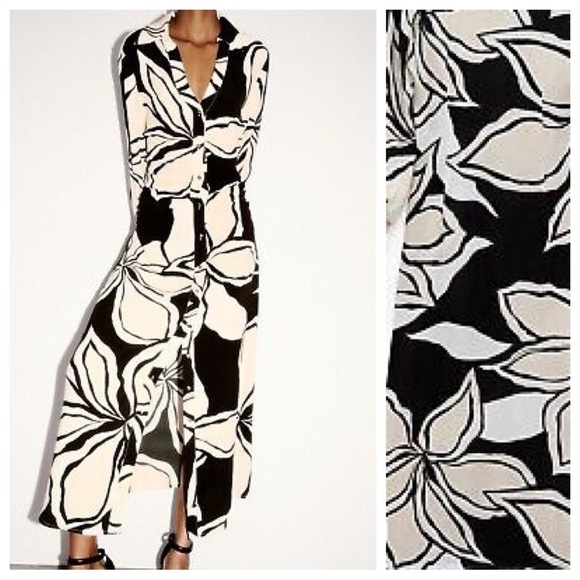 NWT. Zara Black/Ecru Floral Print Shirt Midi Dress. Size XS. - Picture 4 of 10